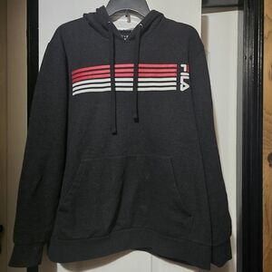 Fila Men's Dark Grey Hoodie w Red & White Stripes On The Chest - Size Large